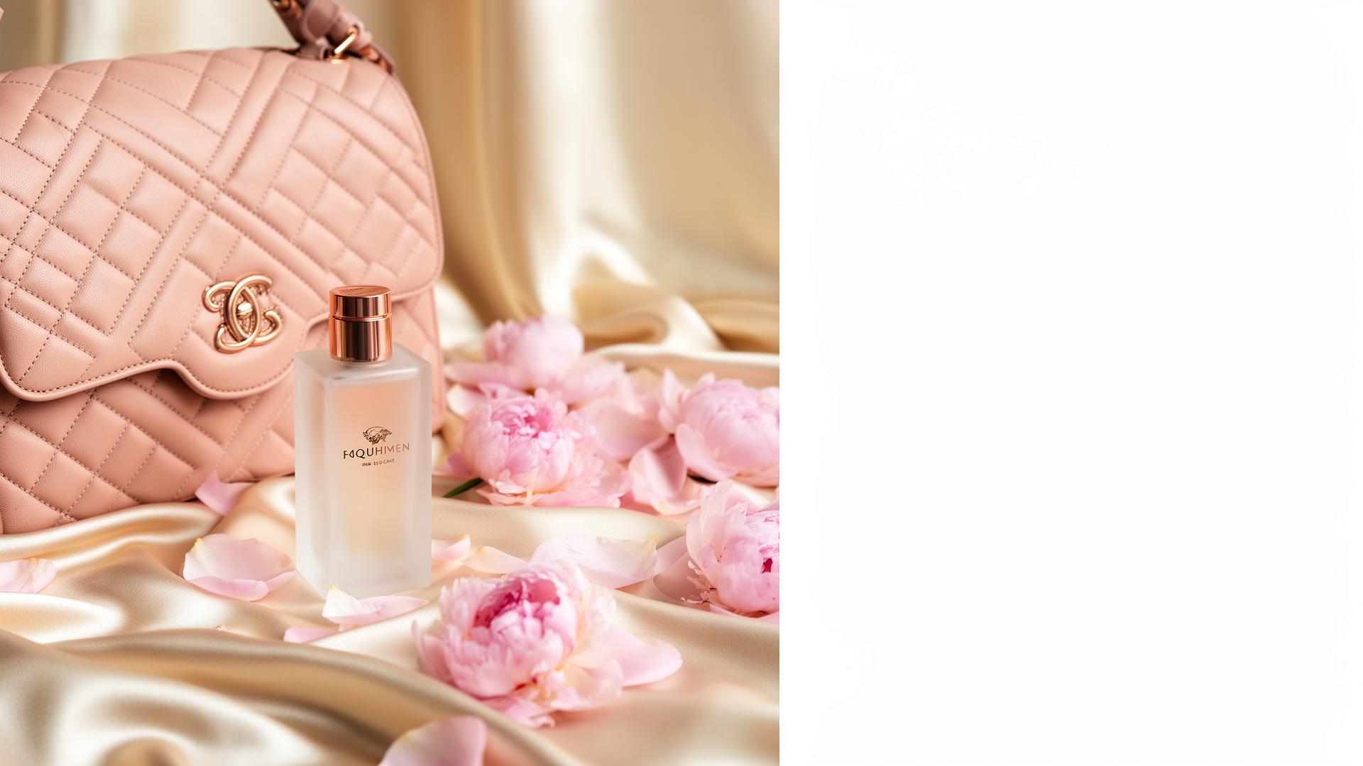 Blush quilted handbag with frosted perfume bottle on champagne silk